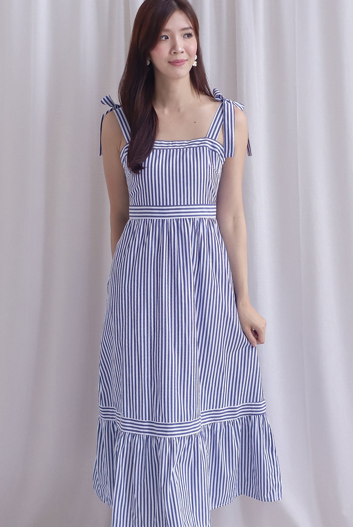 Ronnie Bow Strap Maxi Dress In Navy Stripes