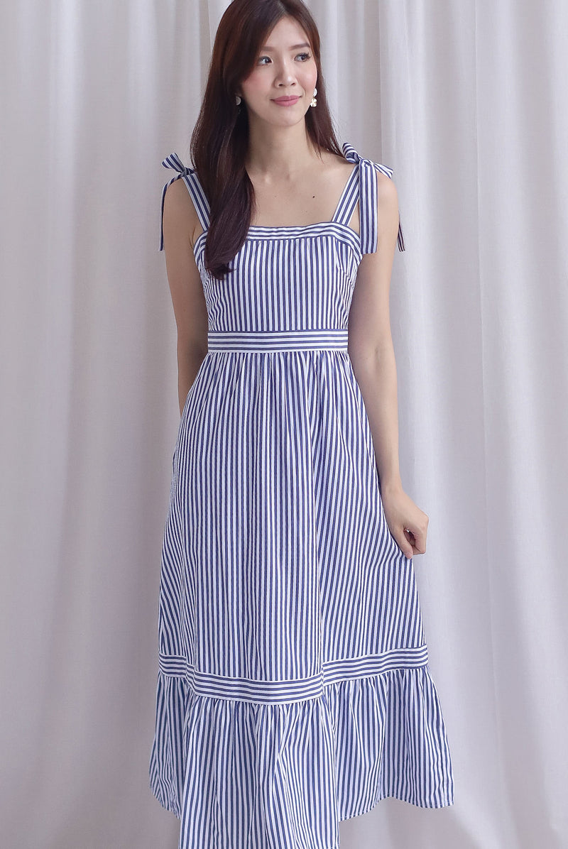 Ronnie Bow Strap Maxi Dress In Navy Stripes
