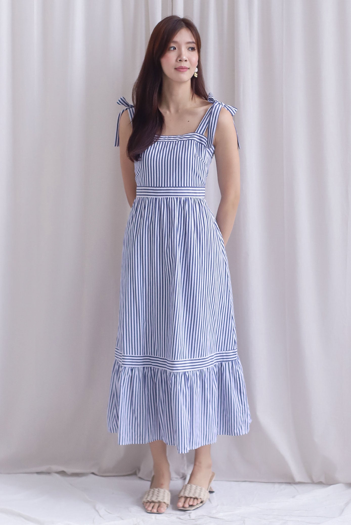 Ronnie Bow Strap Maxi Dress In Navy Stripes