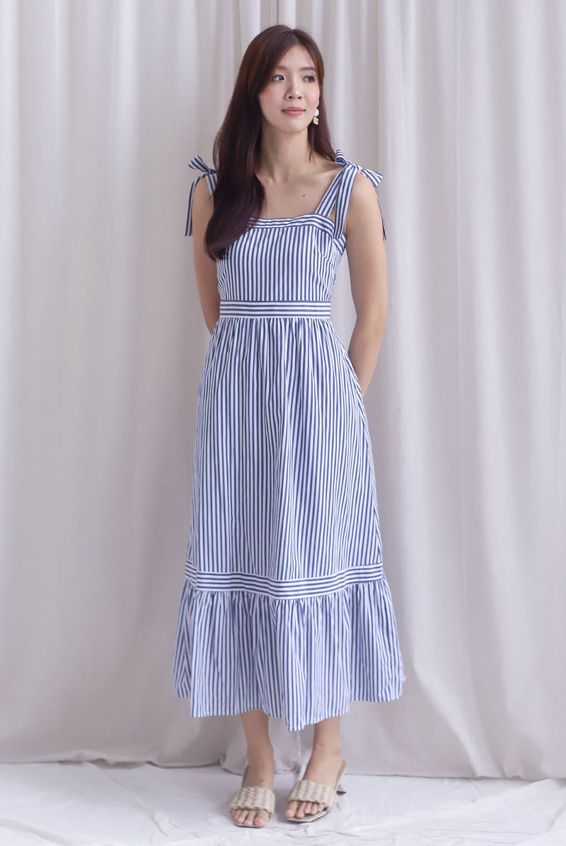 Ronnie Bow Strap Maxi Dress In Navy Stripes
