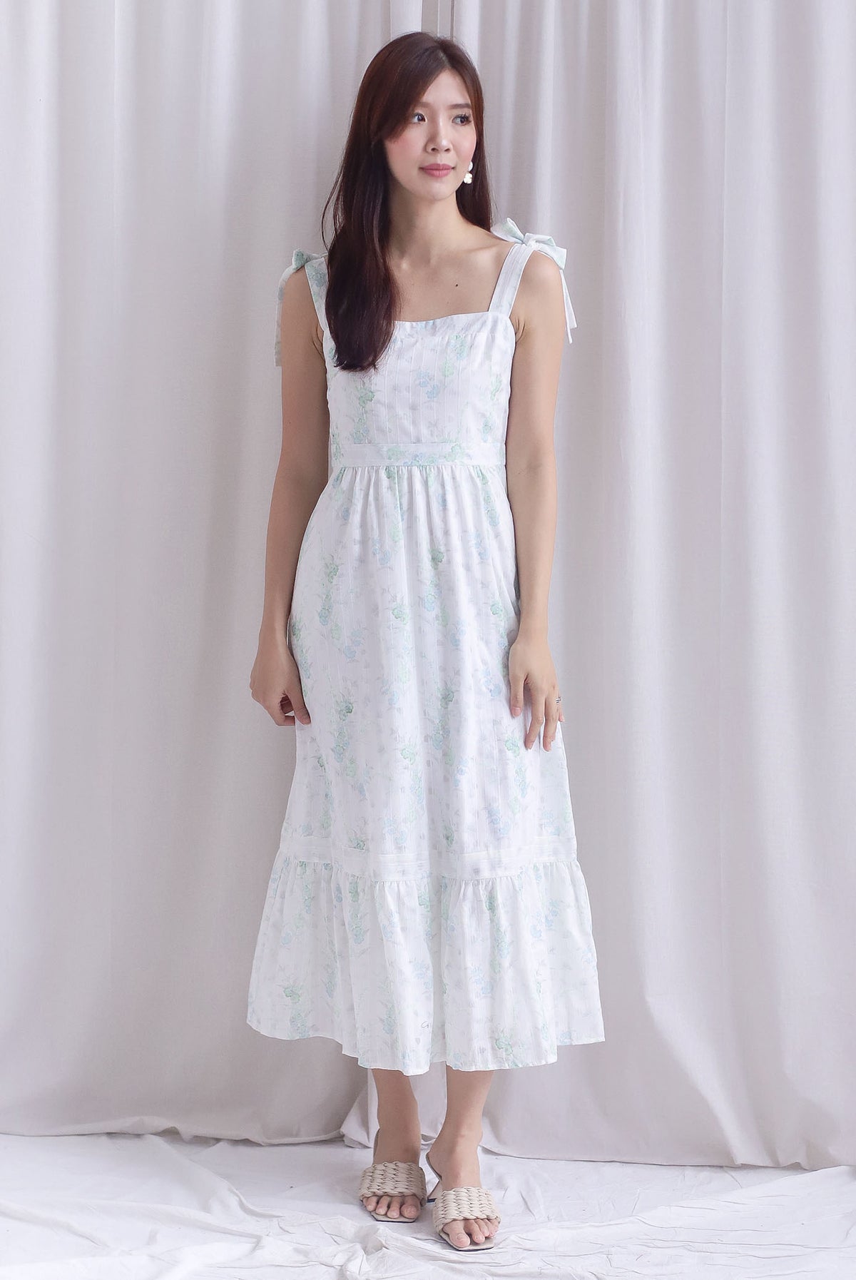 Ronnie Bow Strap Maxi Dress In Green Floral