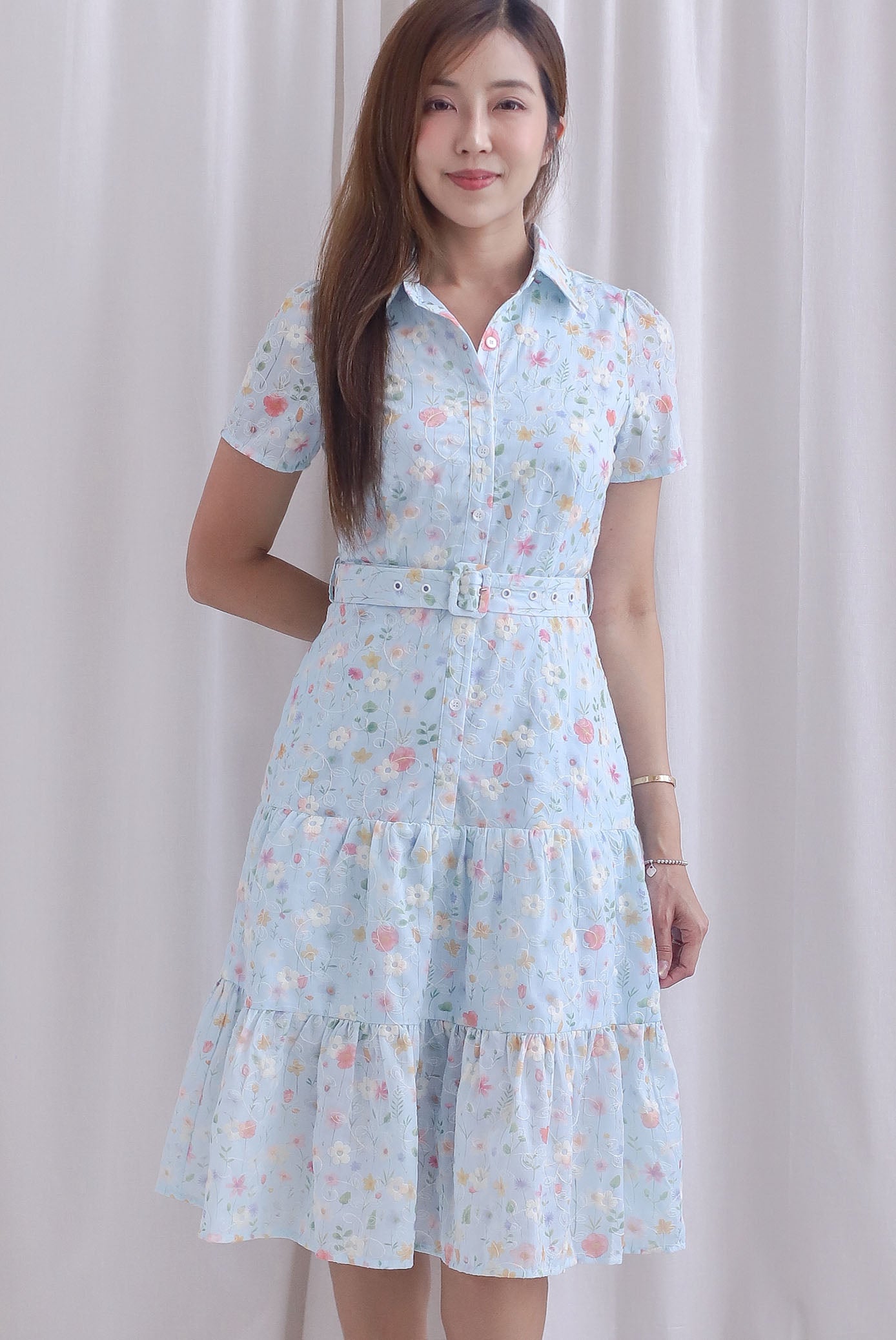 Rosa Floral Embro Buttons Down Belted Dress In Powder Blue