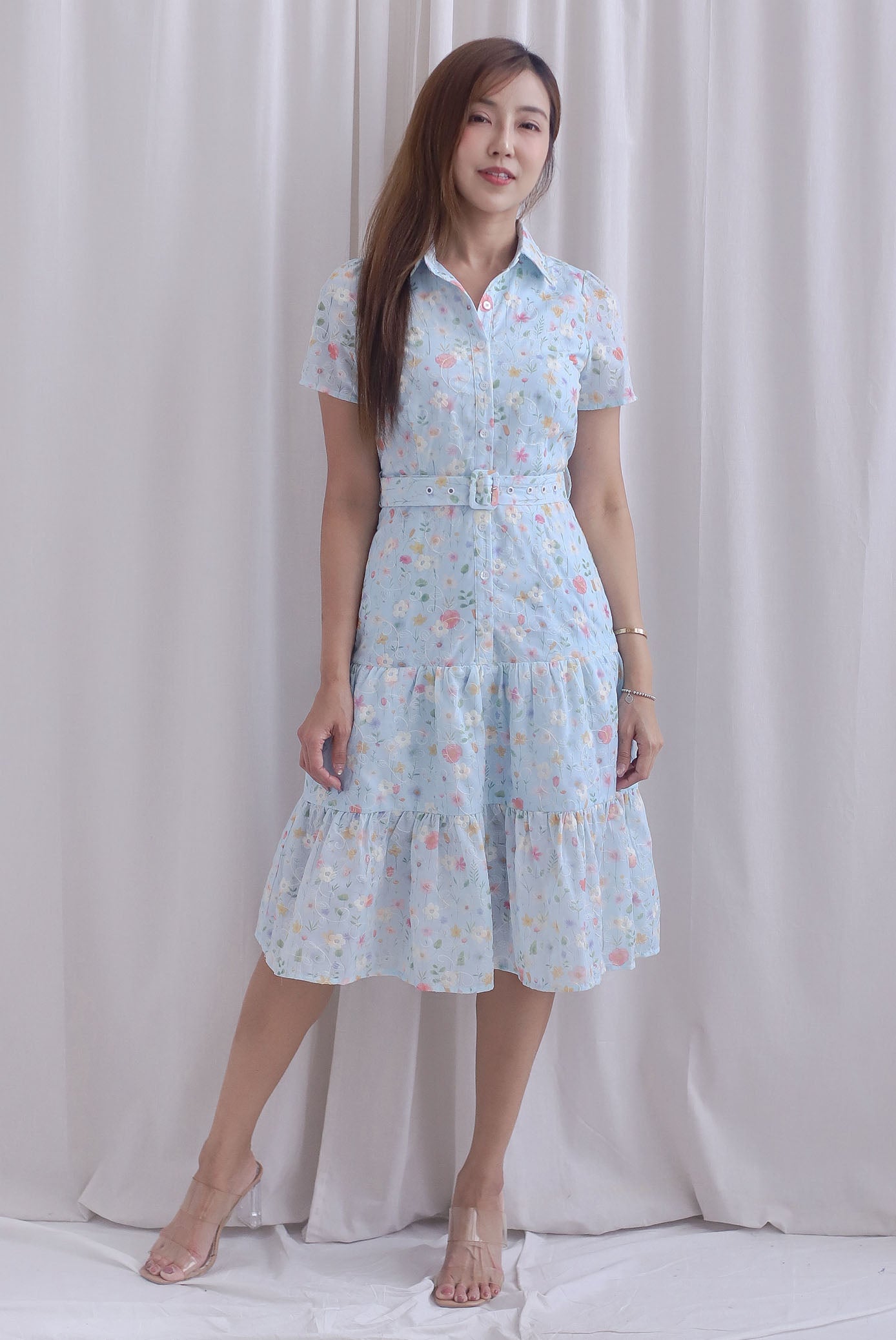 Rosa Floral Embro Buttons Down Belted Dress In Powder Blue