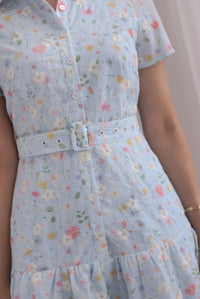 Rosa Floral Embro Buttons Down Belted Dress In Powder Blue