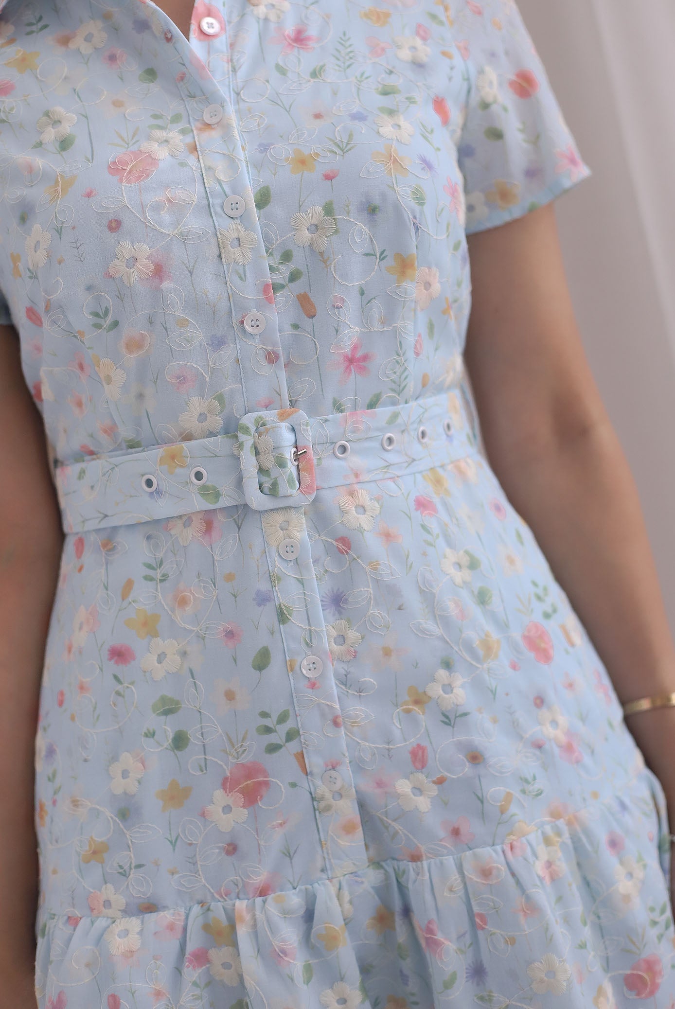Rosa Floral Embro Buttons Down Belted Dress In Powder Blue