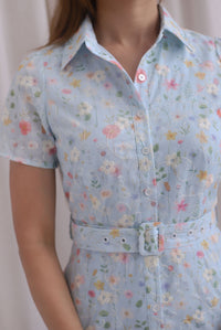 Rosa Floral Embro Buttons Down Belted Dress In Powder Blue