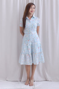 Rosa Floral Embro Buttons Down Belted Dress In Powder Blue
