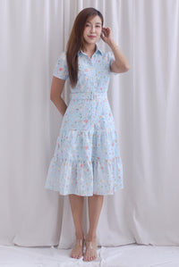 Rosa Floral Embro Buttons Down Belted Dress In Powder Blue