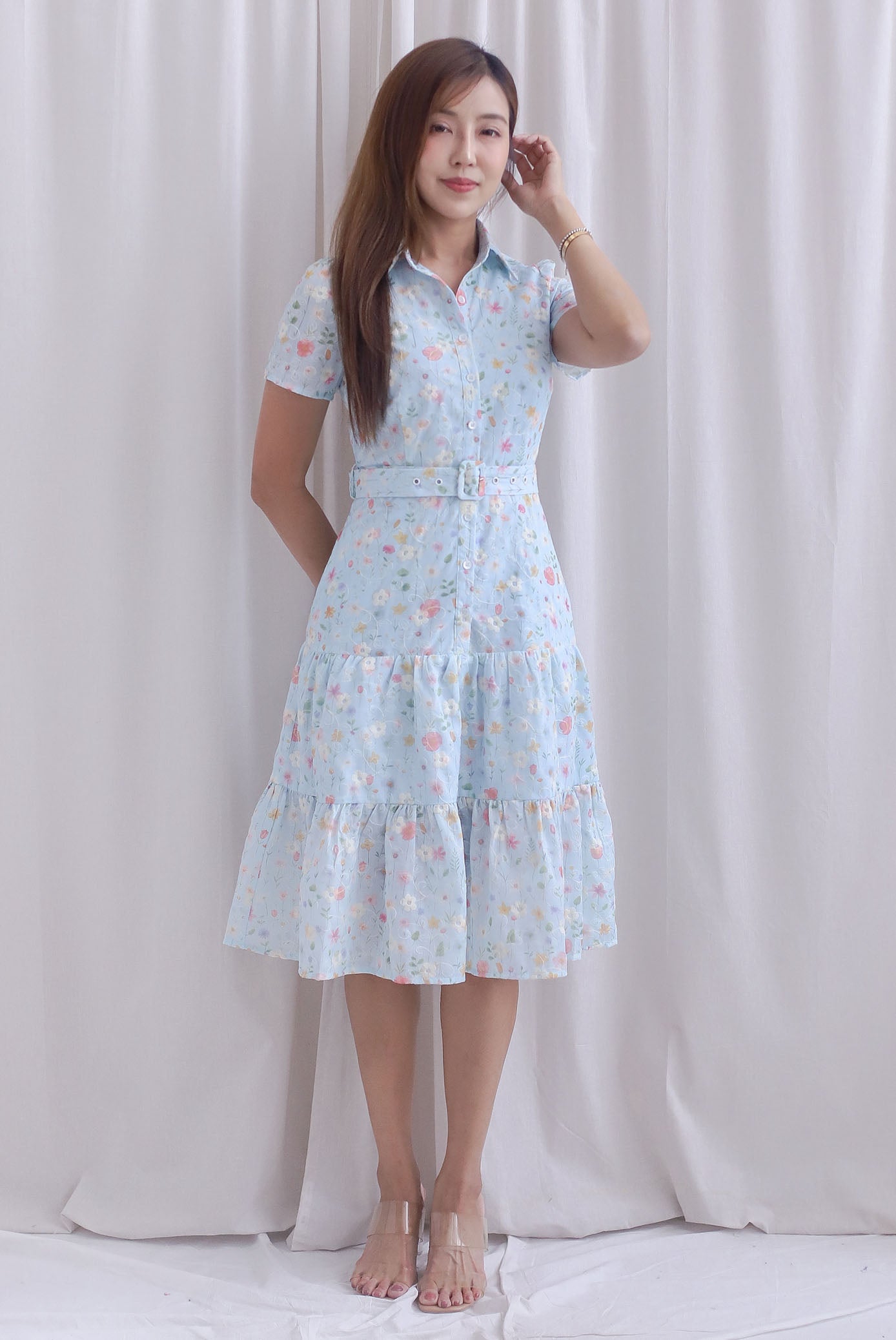 Rosa Floral Embro Buttons Down Belted Dress In Powder Blue