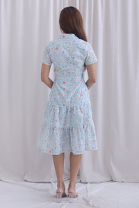 Rosa Floral Embro Buttons Down Belted Dress In Powder Blue
