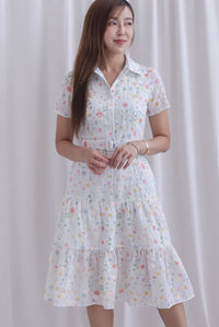 Rosa Floral Embro Buttons Down Belted Dress In White
