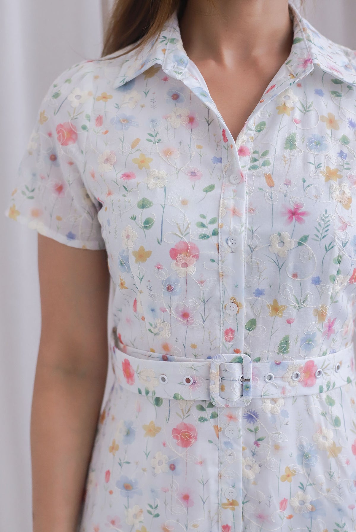 Rosa Floral Embro Buttons Down Belted Dress In White