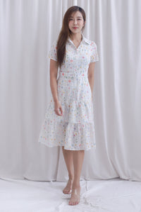 Rosa Floral Embro Buttons Down Belted Dress In White