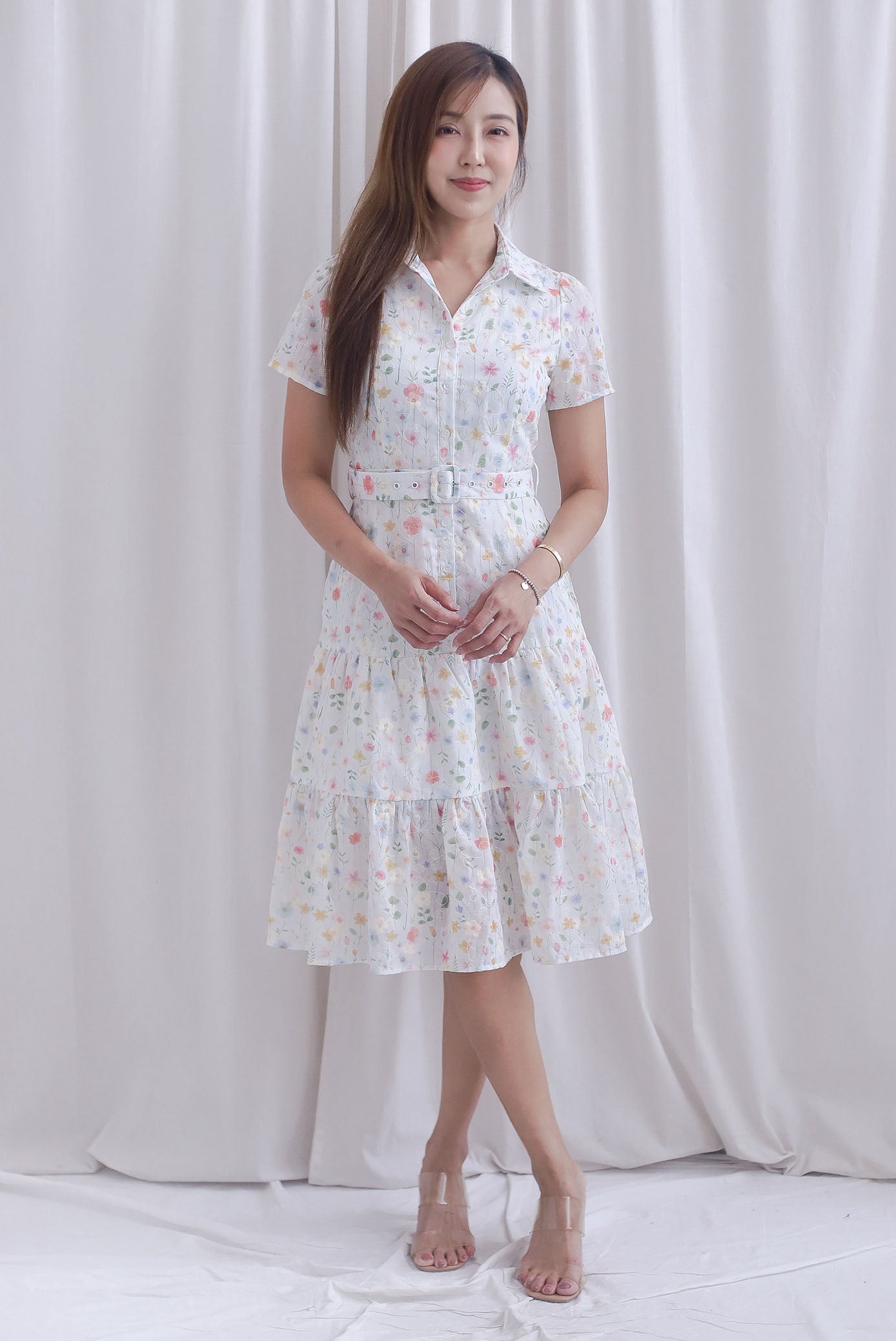 Rosa Floral Embro Buttons Down Belted Dress In White