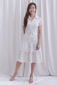 Rosa Floral Embro Buttons Down Belted Dress In White
