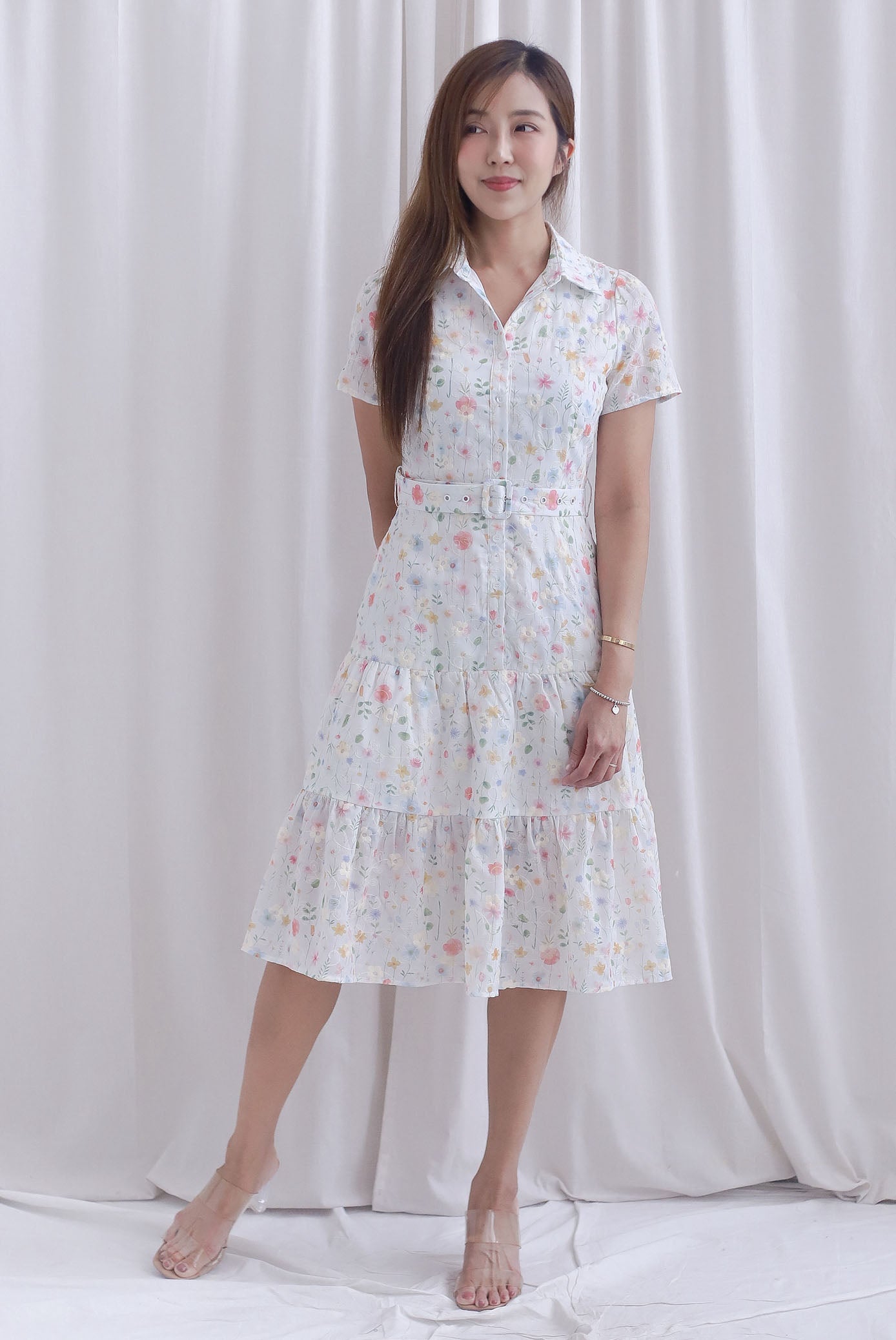 Rosa Floral Embro Buttons Down Belted Dress In White