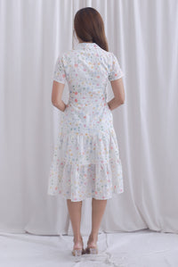 Rosa Floral Embro Buttons Down Belted Dress In White
