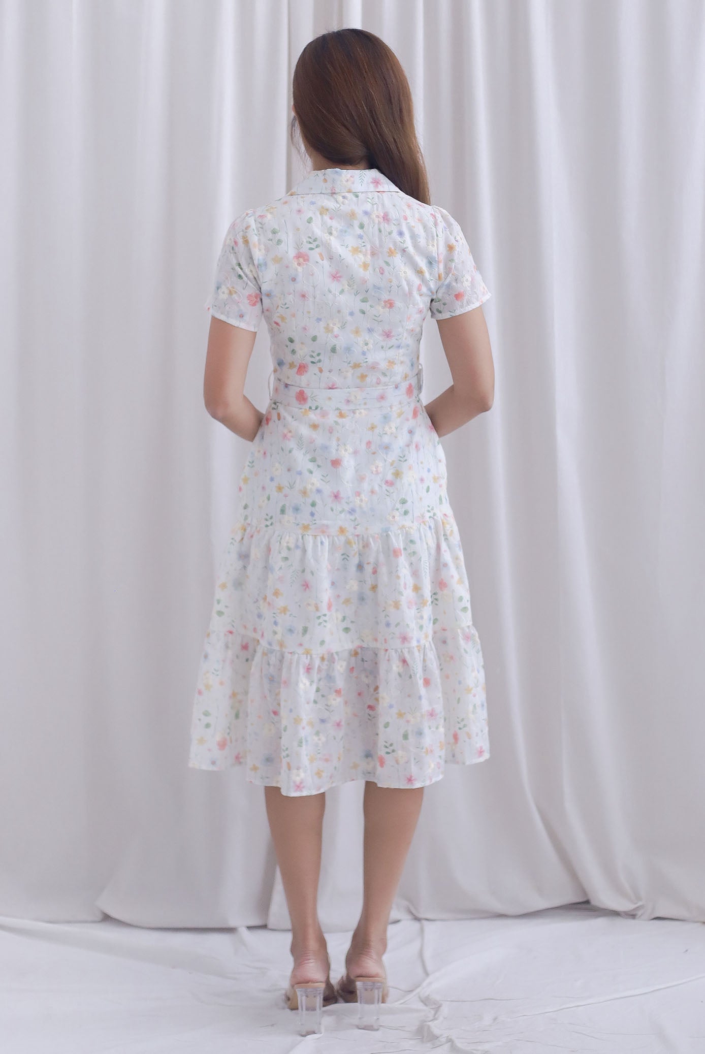 Rosa Floral Embro Buttons Down Belted Dress In White