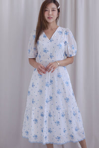 Rosebud Embro V Neck Buttons Down Midi Dress in Blue