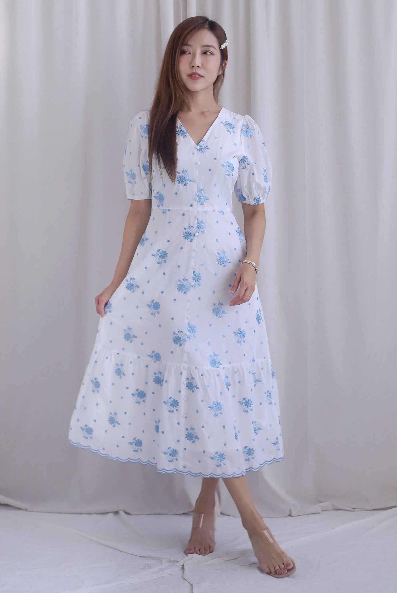 Rosebud Embro V Neck Buttons Down Midi Dress in Blue