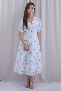 Rosebud Embro V Neck Buttons Down Midi Dress in Blue
