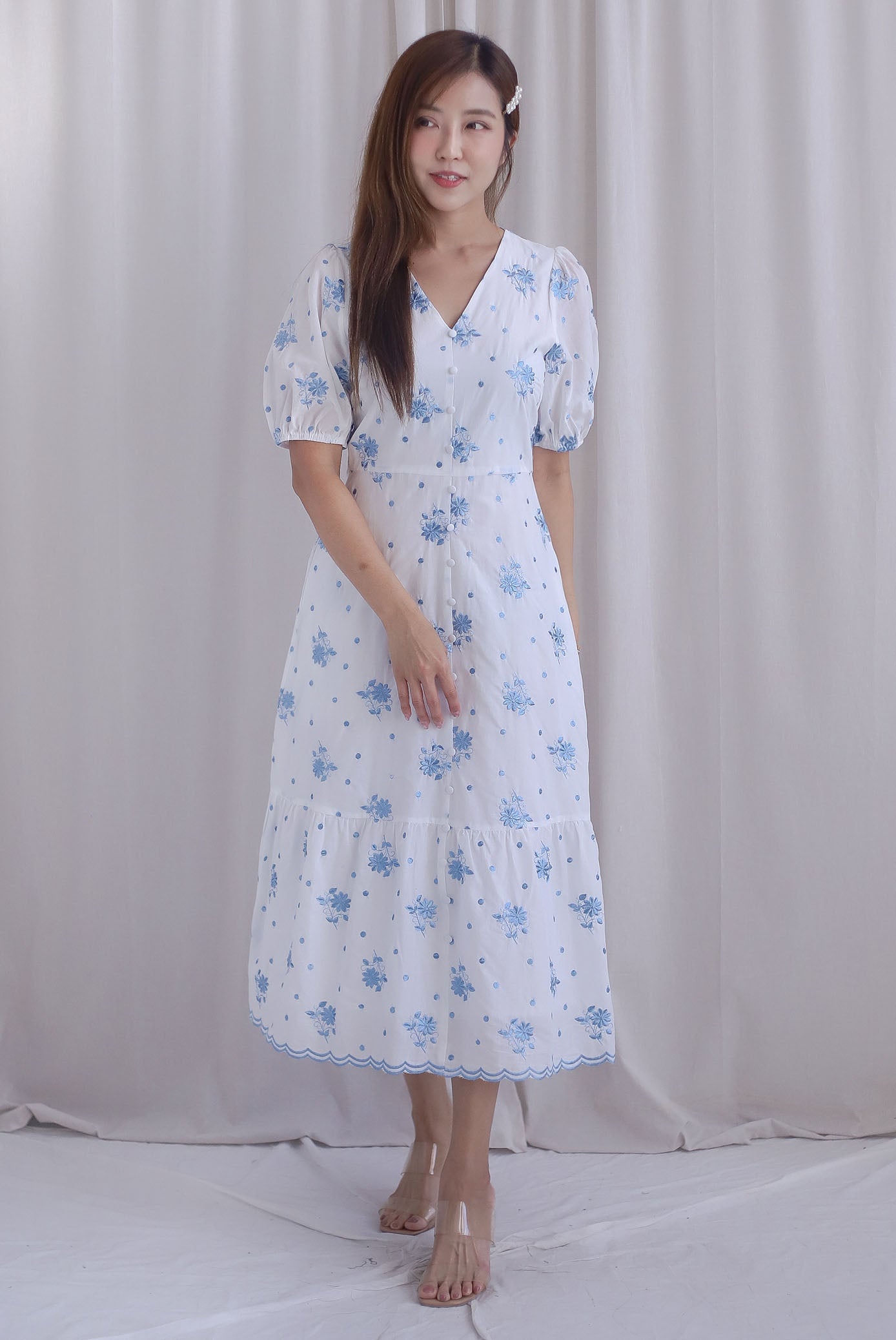 Rosebud Embro V Neck Buttons Down Midi Dress in Blue