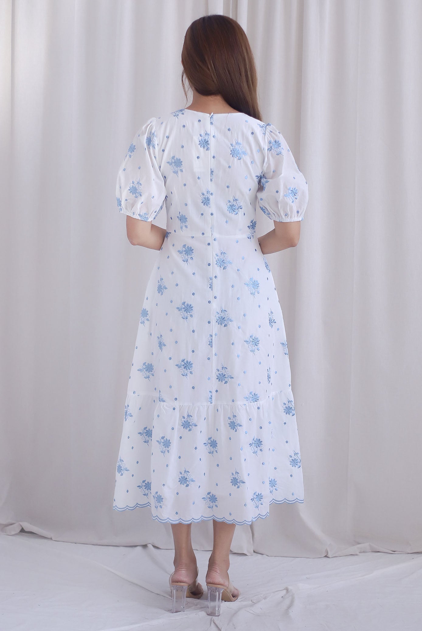 Rosebud Embro V Neck Buttons Down Midi Dress in Blue