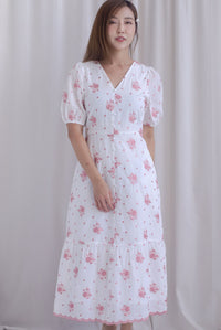 Rosebud Embro V Neck Buttons Down Midi Dress in Pink