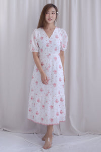 Rosebud Embro V Neck Buttons Down Midi Dress in Pink