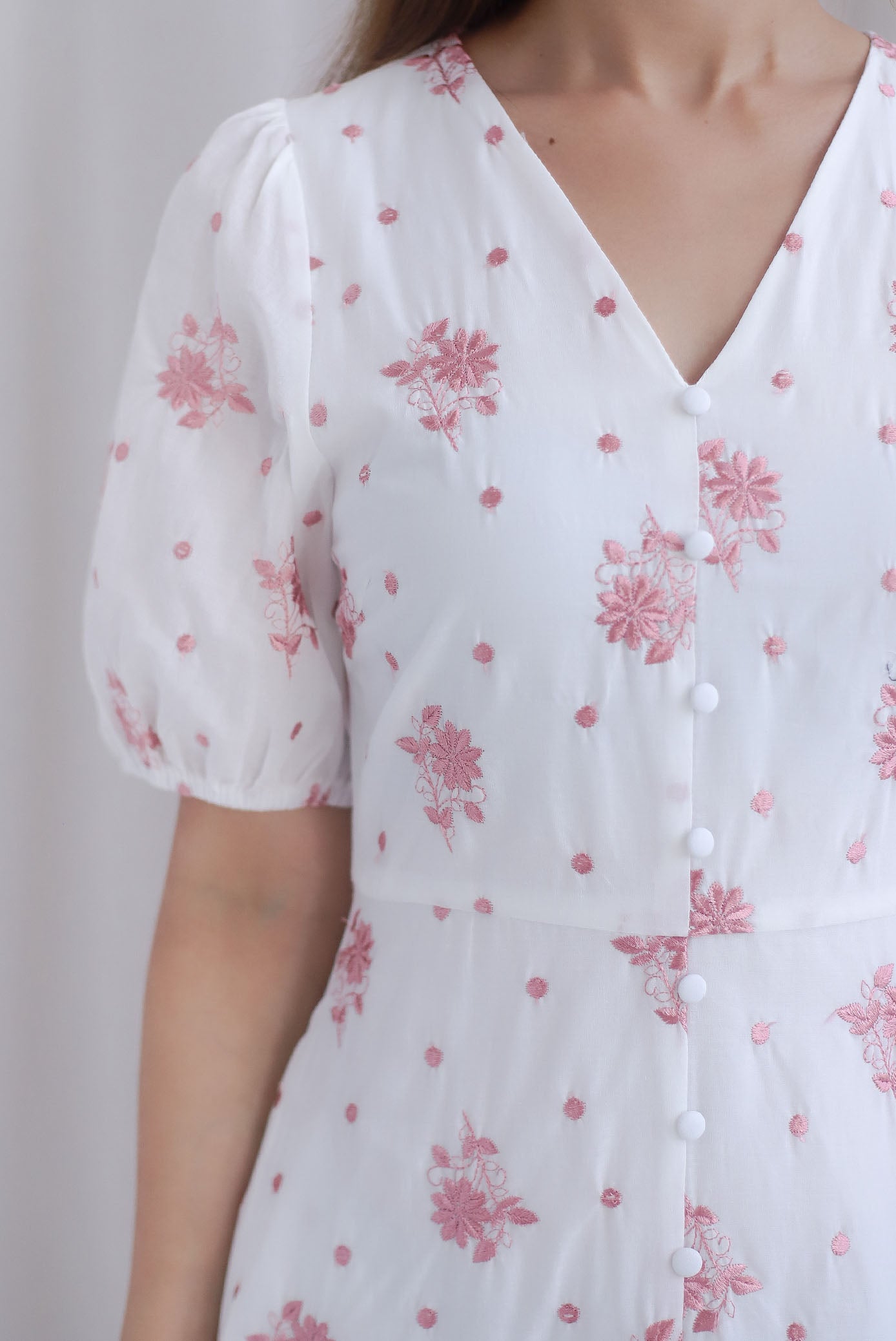 Rosebud Embro V Neck Buttons Down Midi Dress in Pink