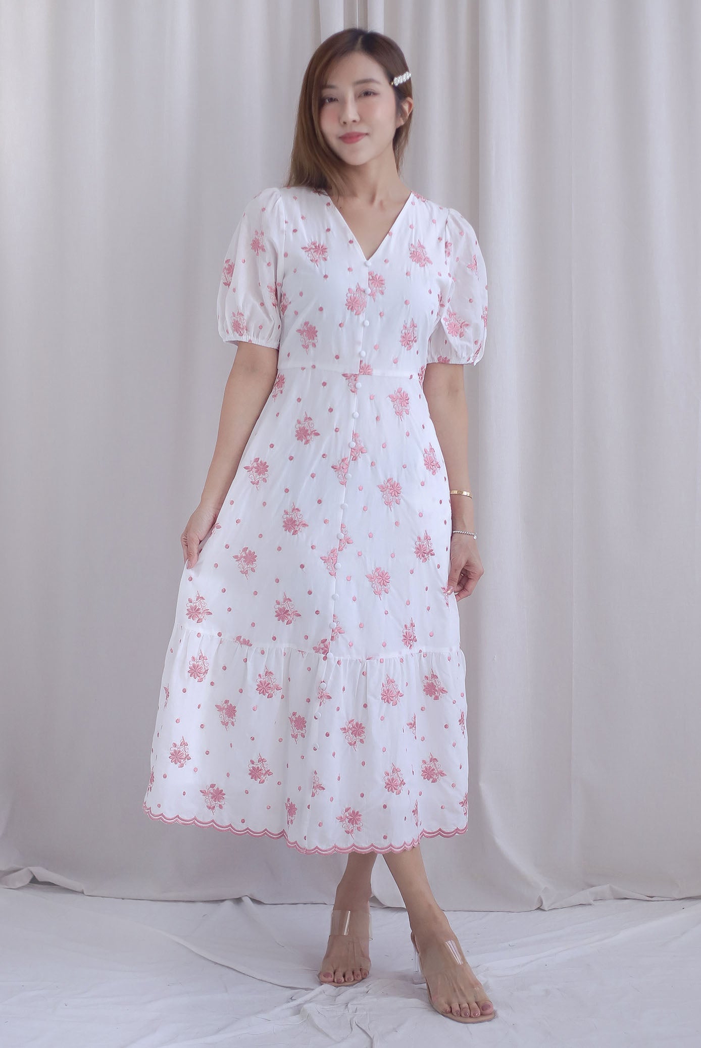 Rosebud Embro V Neck Buttons Down Midi Dress in Pink