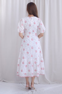 Rosebud Embro V Neck Buttons Down Midi Dress in Pink