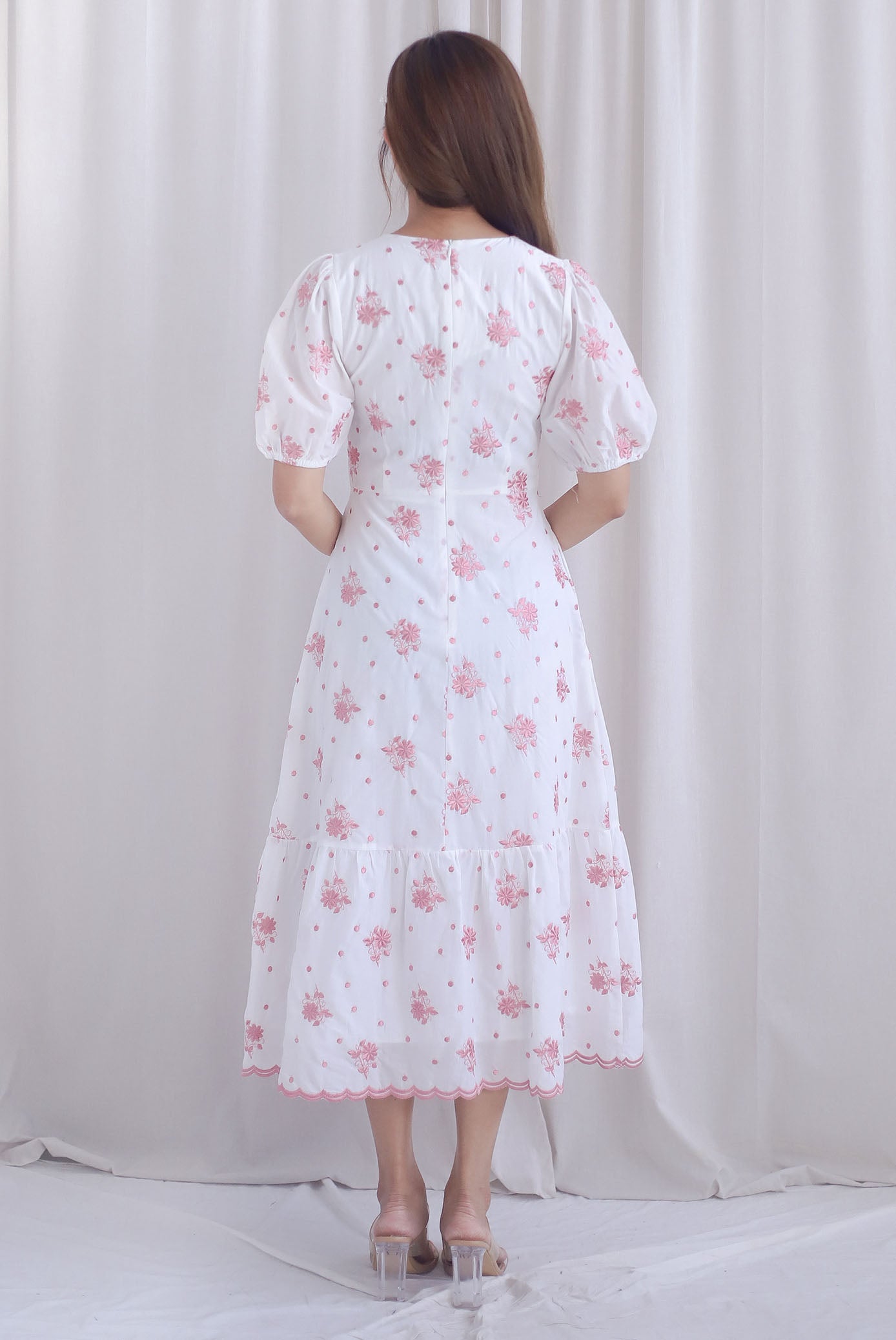 Rosebud Embro V Neck Buttons Down Midi Dress in Pink