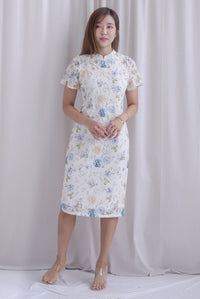 Rosette Oriental Garden Lace Cheong Sam Dress In Blue
