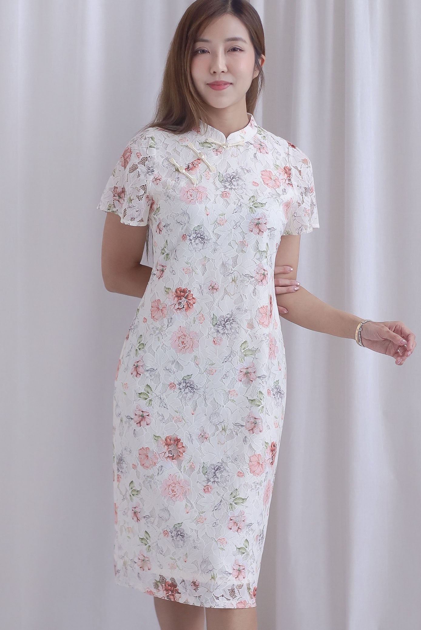 Rosette Oriental Garden Lace Cheong Sam Dress In Pink