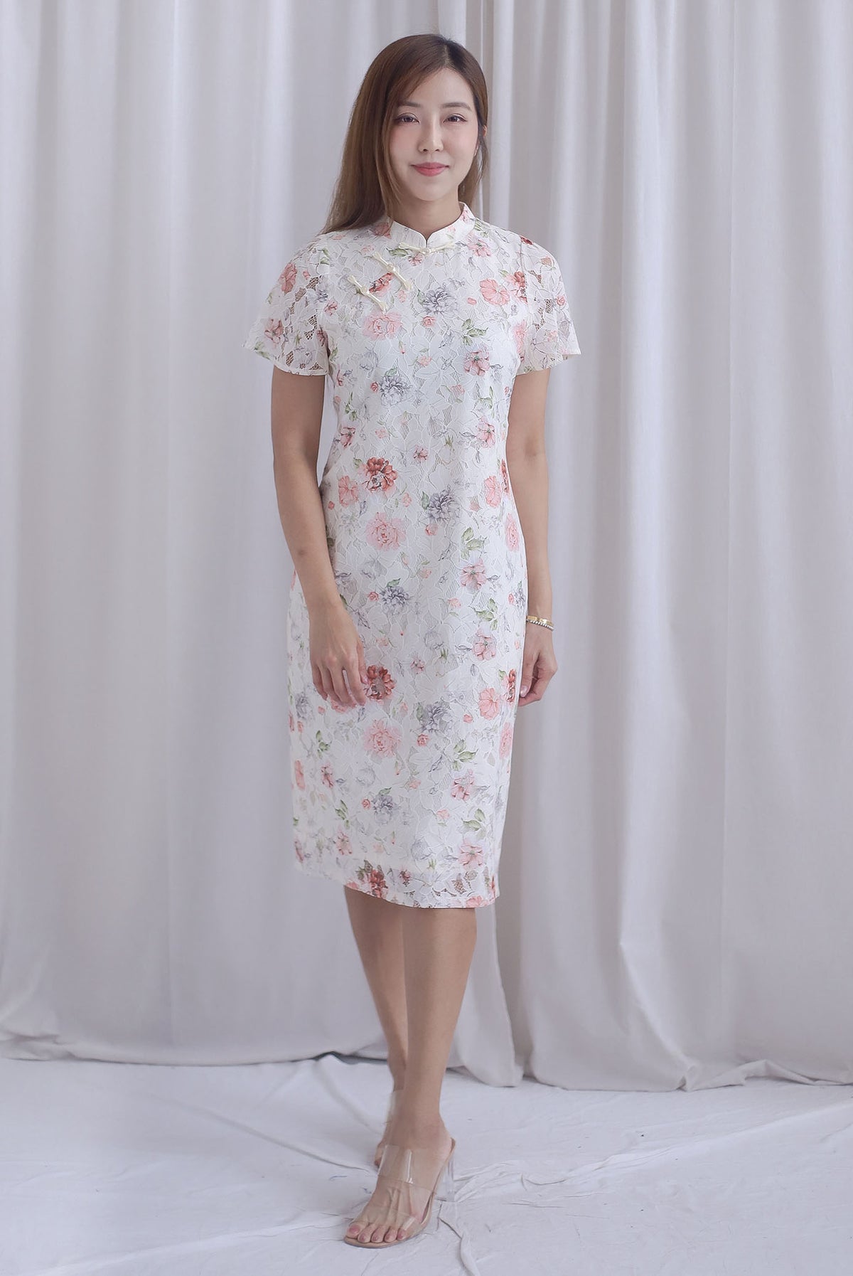 Rosette Oriental Garden Lace Cheong Sam Dress In Pink