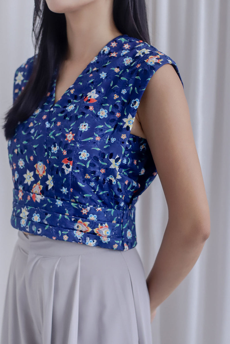 Sabel Floral Eyelet Top In Navy Blue