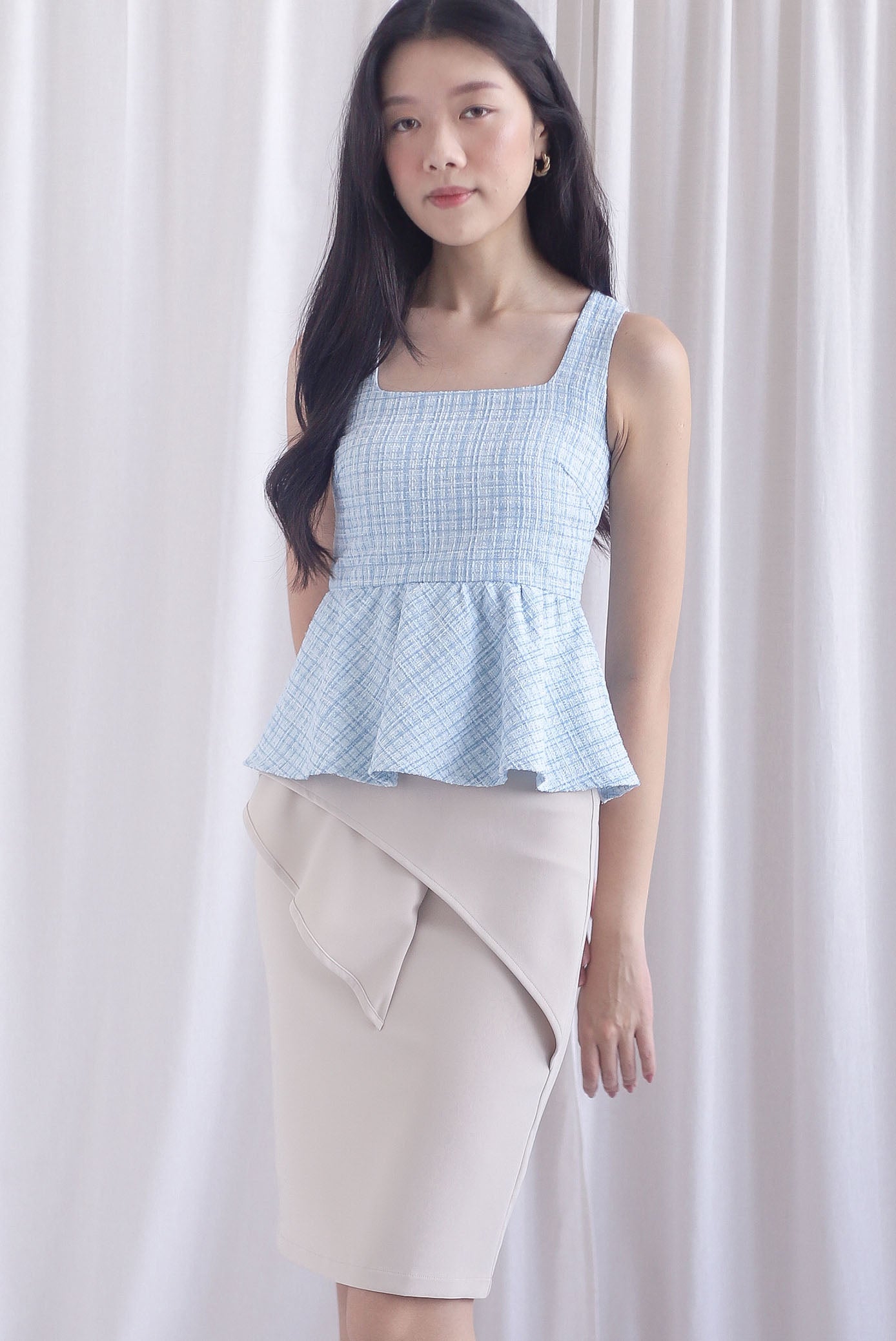 Sanders Tweed Peplum Top In Powder Blue