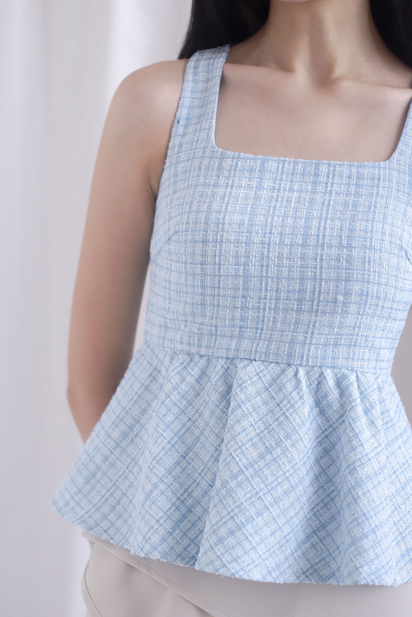 Sanders Tweed Peplum Top In Powder Blue