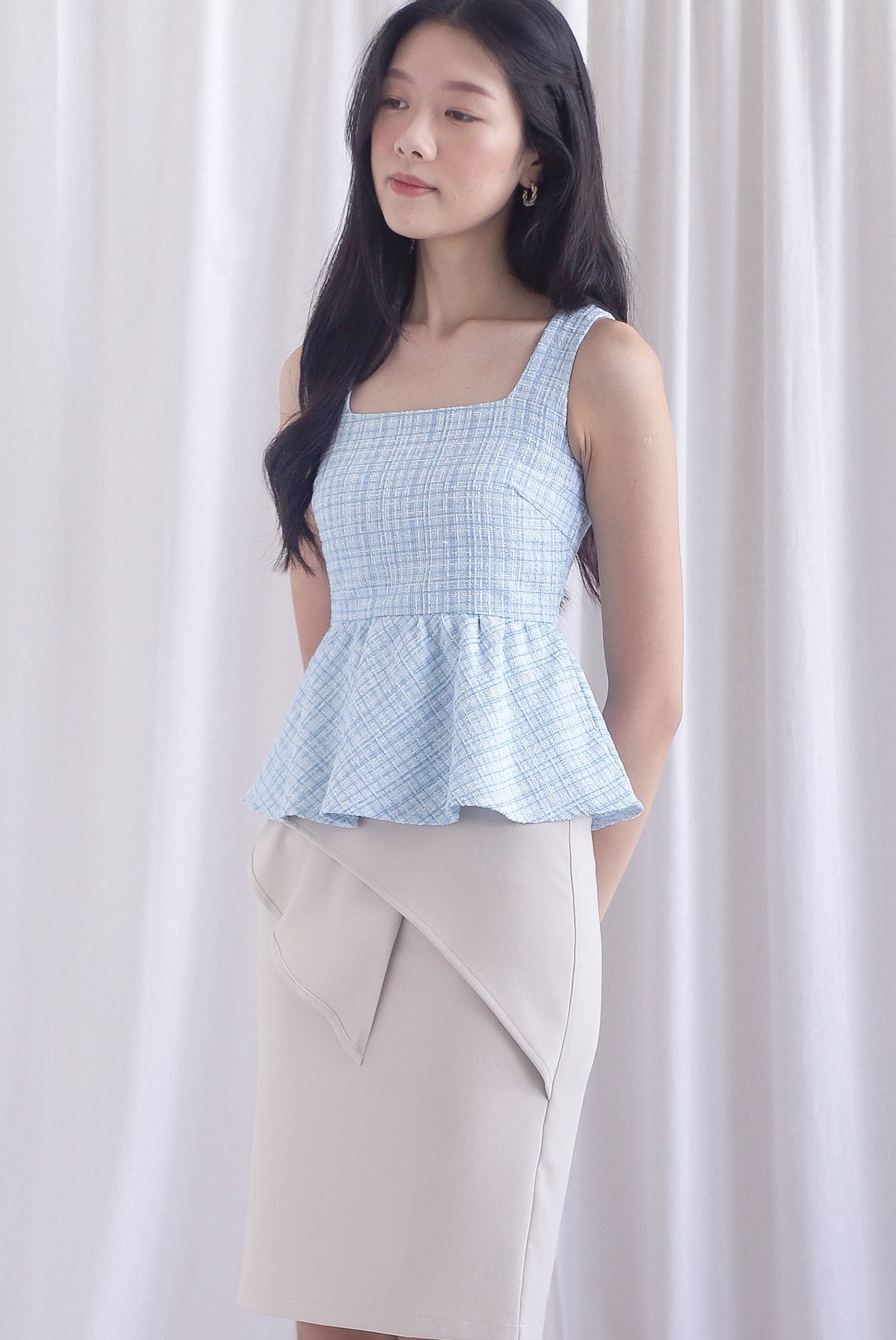 Sanders Tweed Peplum Top In Powder Blue – The Design Closets