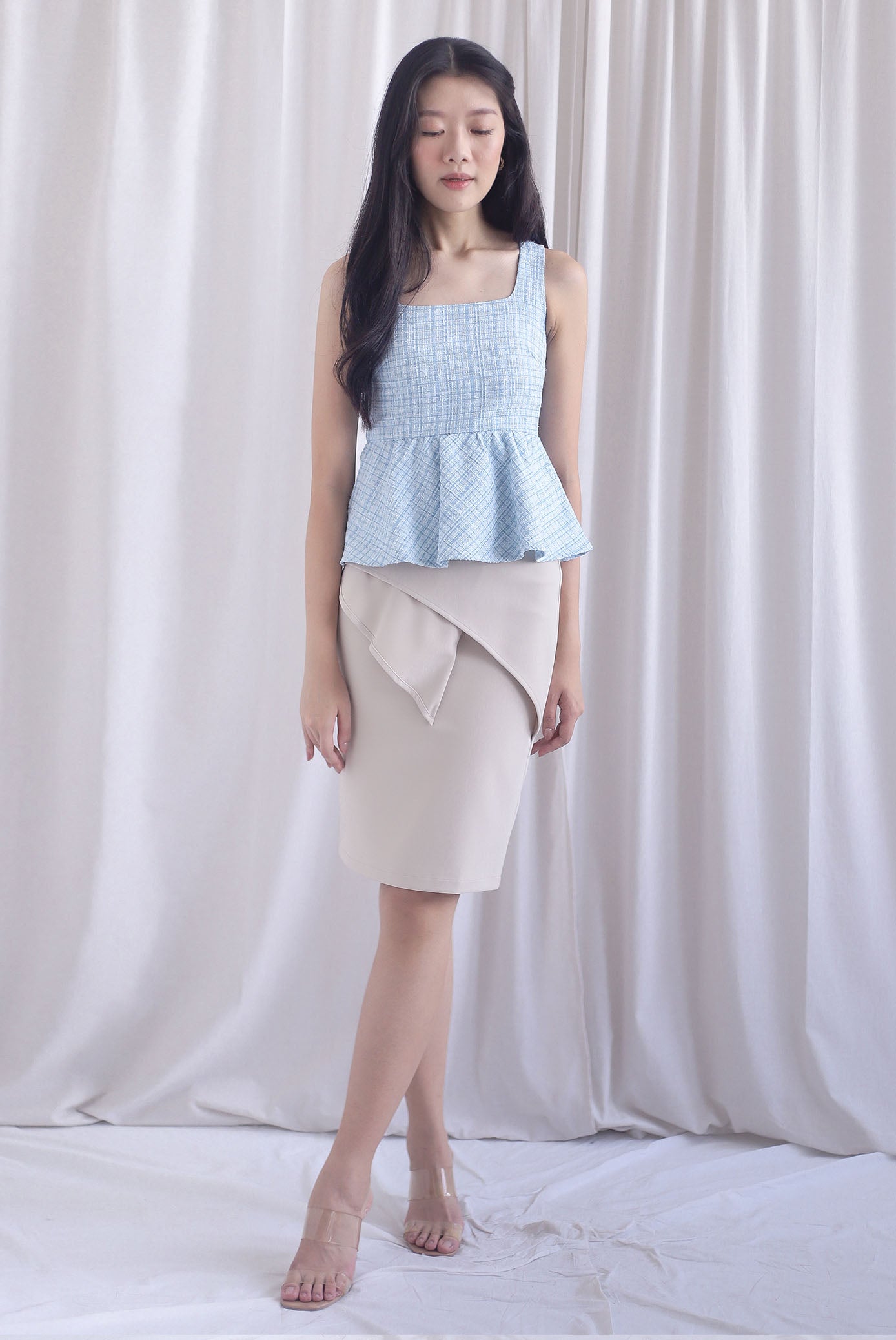 Sanders Tweed Peplum Top In Powder Blue