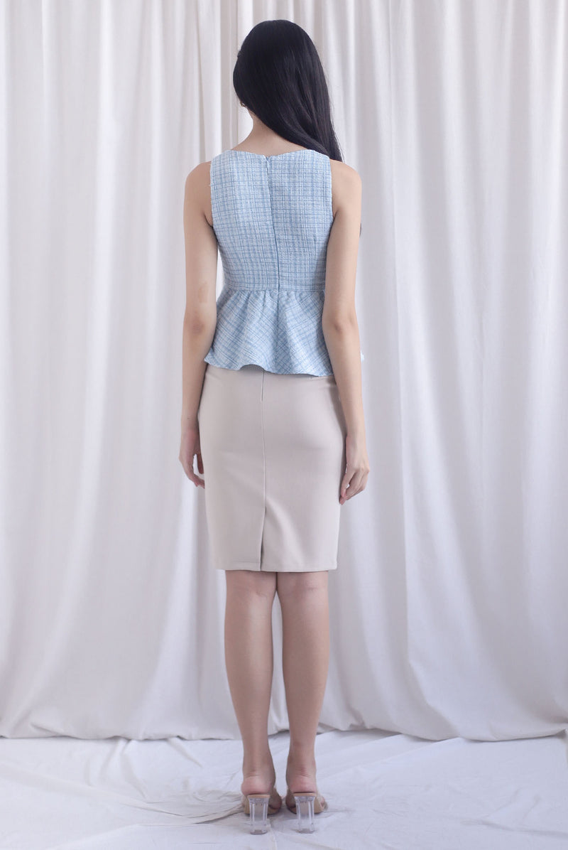 Sanders Tweed Peplum Top In Powder Blue