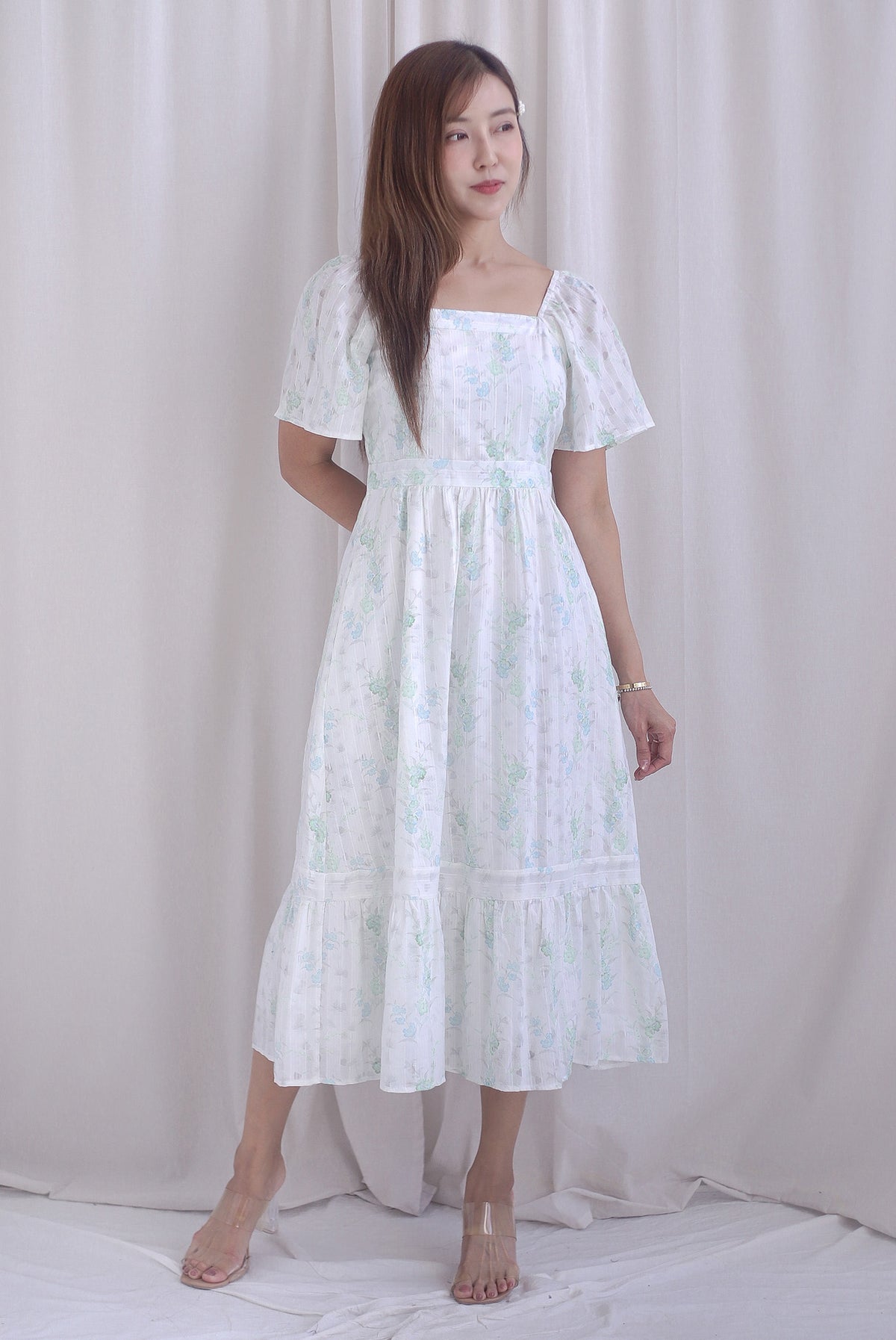 Satella Flutter Sleeves Lattice Floral Midi Dress In Green Floral