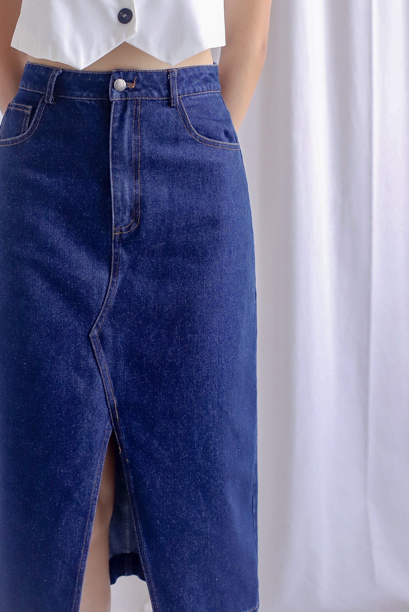 Savour Front Slit Denim Skirt In Mid Wash The Design Closets