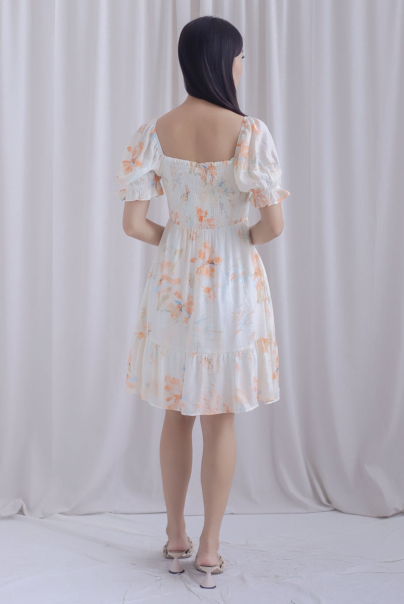 Seashell Puffy Sleeve Smocked Dress In Orange The Design Closets Seashell Puffy Sleeve Smocked Dress In Orange The Design Closets