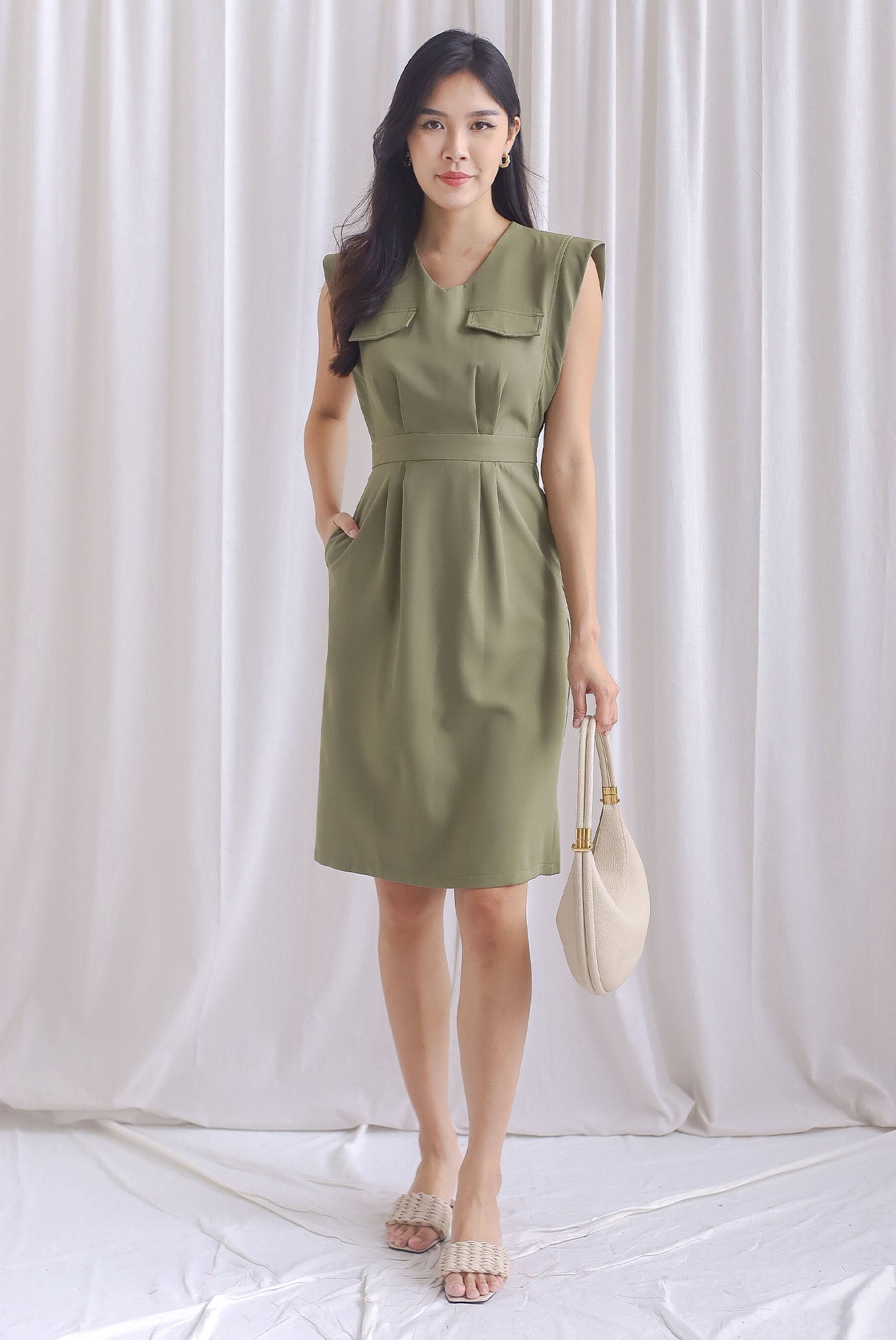 Shelly Utility Pocket Work Dress In Olive Green The Design Closets