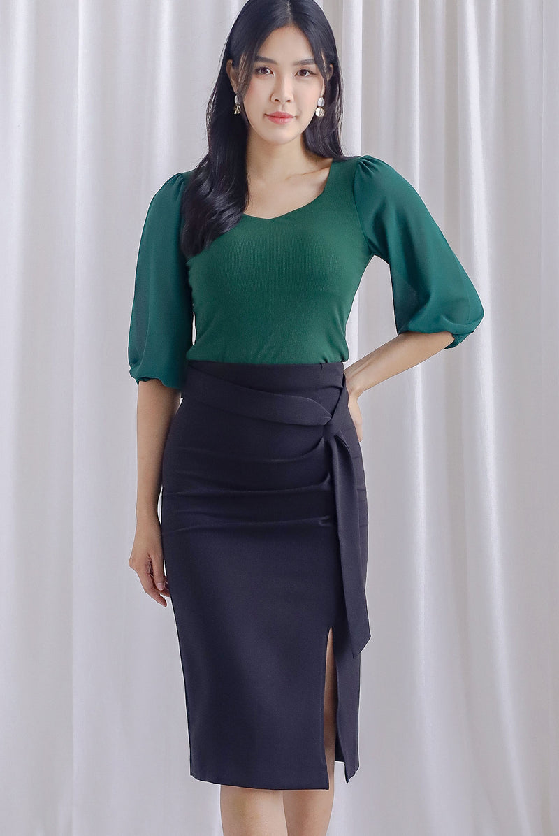 Shernice Chiffon Sleeve Padded Top In Forest Green