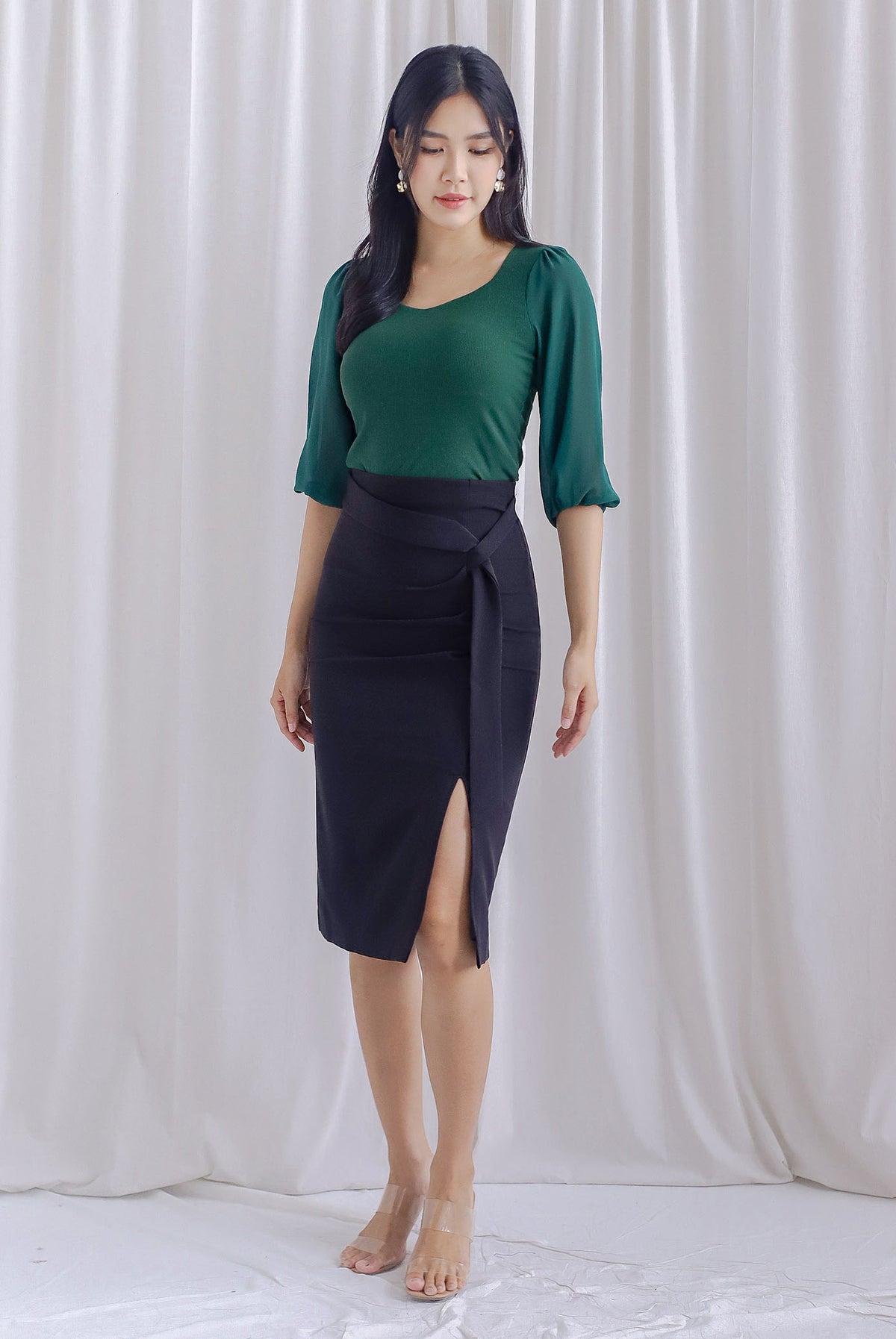 Shernice Chiffon Sleeve Padded Top In Forest Green