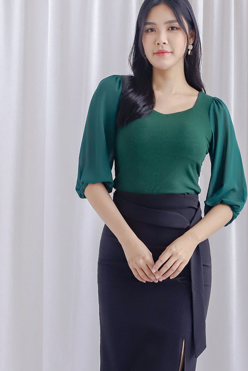 Shernice Chiffon Sleeve Padded Top In Forest Green