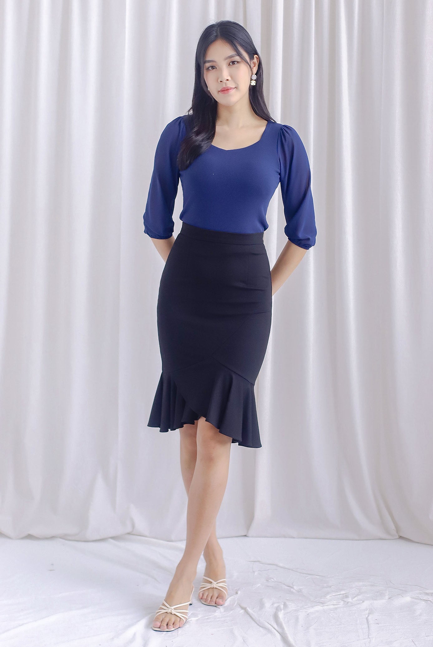 Shernice Chiffon Sleeve Padded Top In Navy Blue